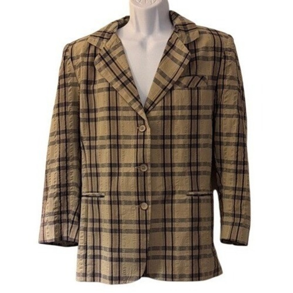 B.T. Limited Blazer Womens M Tan Plaid Textured Lined 3-Button Jacket